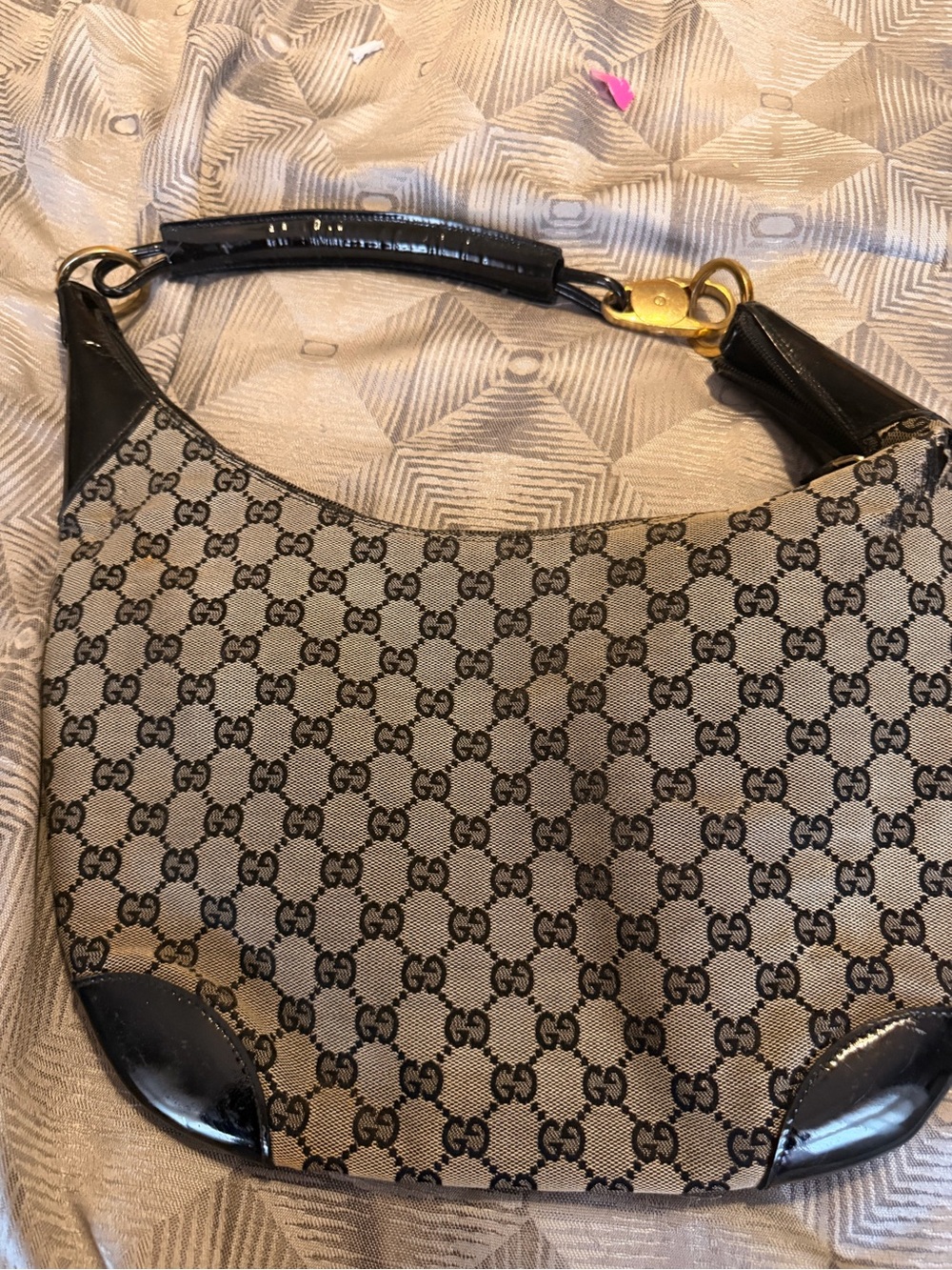 Gucci Beige GG Canvas Shoulder Bag with Black Patent Trim